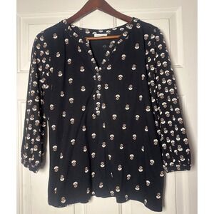 Pure Jill Black Floral Print 3/4 Sleeve V-Neck Tunic Top Women's Size‎ M